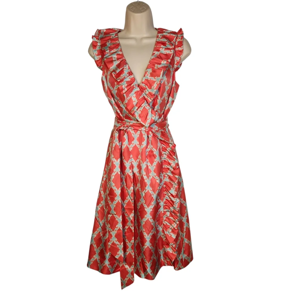 kate spade Coral and White Ruffle Wrap Dress